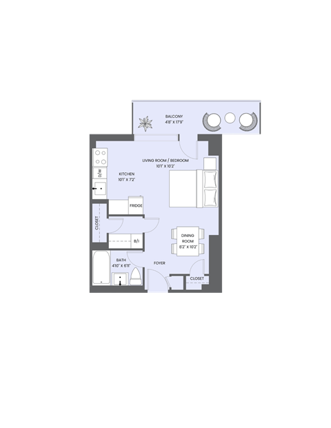 Floor plan for studio, 1 bath, 386 sqft